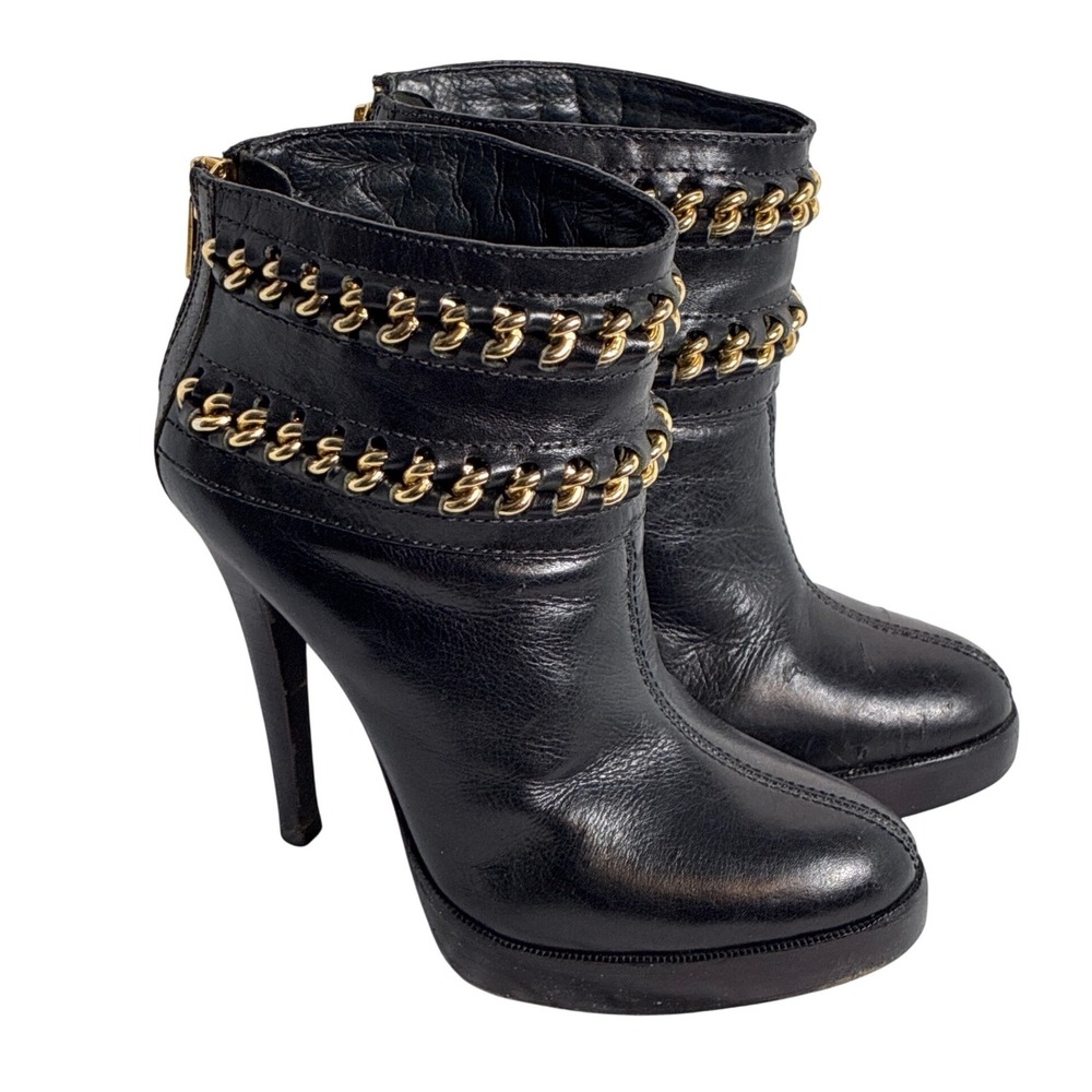 Tory Burch Black Leather Chain Platform Ankle Boots Gold Hardware Stiletto Heel